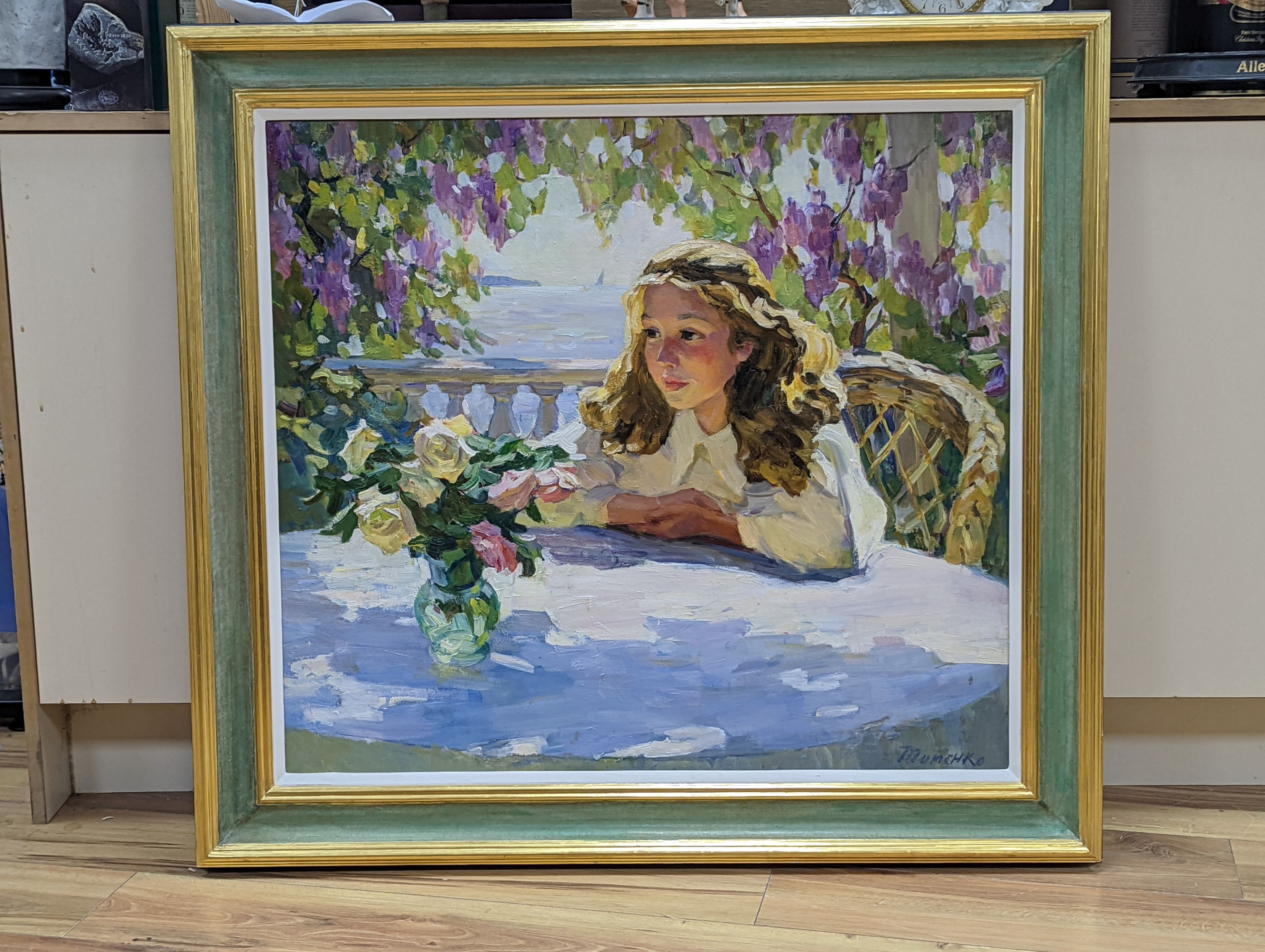 Mumchko, oil on canvas, Coastal landscape with young girl seated at a table, signed, 72 x 80cm